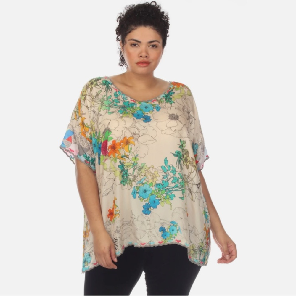 Johnny Was Sequence Halsey Silk Floral Short Sleeve Top Plus Size 2X C11023A